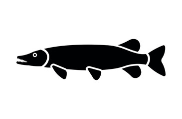 Pike Fish Silhouette - Predatory Freshwater Fish Icon for Fishing and Seafood Design