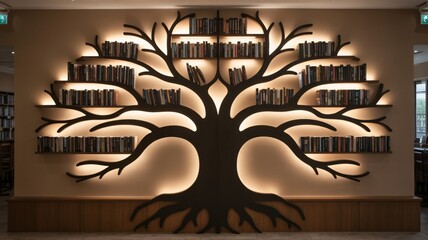 Stunning tree shaped bookshelf with warm backlighting showcases diverse book collection in modern library setting