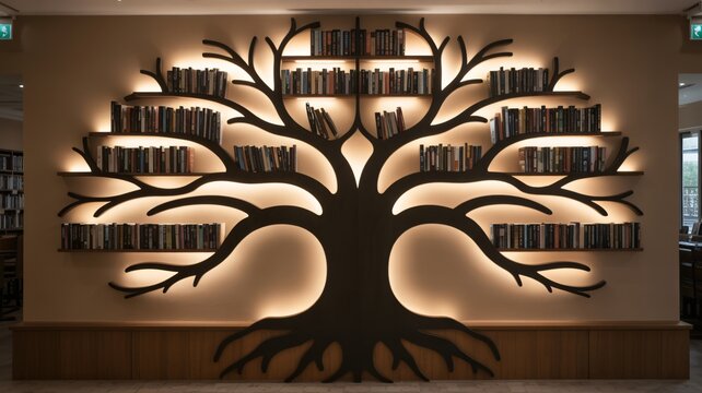 Stunning tree shaped bookshelf with warm backlighting showcases diverse book collection in modern library setting