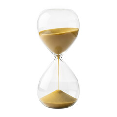 A clear glass hourglass with golden sand flowing isolated on transparent background