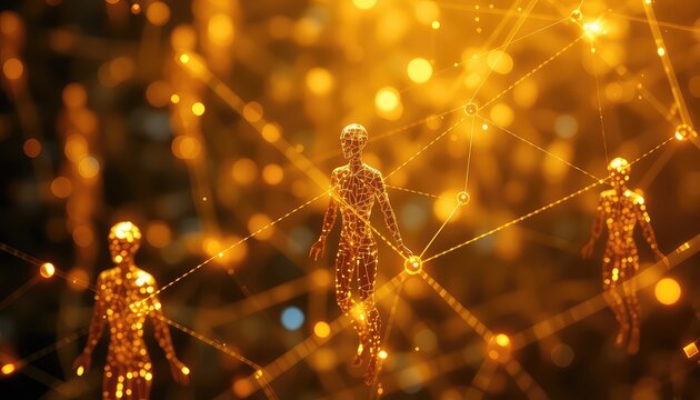 Figures in a network of interconnected glowing spheres symbolizing digital identity and the future of global communication