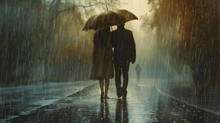 Romantic Couple Standing in the Rain Under an Umbrella