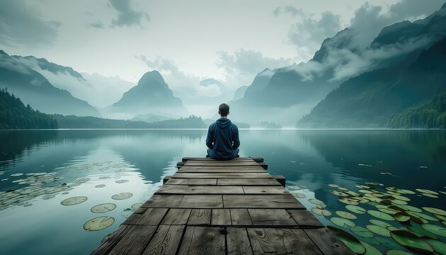 A person on a wooden pier in a calm mountain lake setting, contemplative and surrounded by nature
