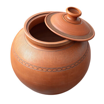 Traditional clay water pot ghot with intricate carvings isolated on a dark surface