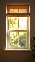 Fototapeta premium Open window with raised roller blind, sunlight streaming in, window treatment, image