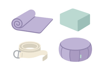 Various yoga and meditation accessories including a rolled mat, rectangular block, long strap, and round cushion for mindful exercise