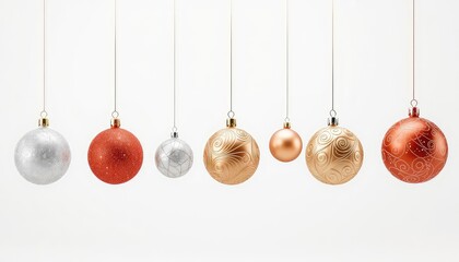 Decorative Ornaments Suspended Elegantly, Showing Holiday Cheer, Sparkly Texture, and Festive Designs in Silver, Gold, and Red Against a Bright White Background