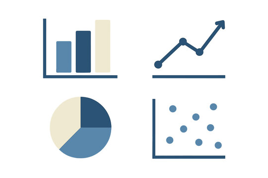 Set of diverse business data visualization charts including bar, line, pie, and scatter graphs for analytics and reporting