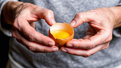 Elderly Hands Holding Cracked Egg