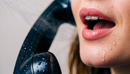 Woman speaking on wet vintage telephone