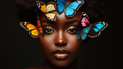 Artistic portrait of a woman with expressive eyes and colorful butterflies on her face creating a magical and mysterious look
