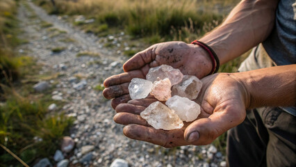 Earth-covered hands tightly holding raw crystals outdoors, capturing geology exploration, mineral discovery, and natural gemstone connection.”