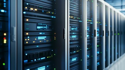 A long row of server racks with blinking lights in a data center, illustrating computing power and network infrastructure. - Powered by Adobe