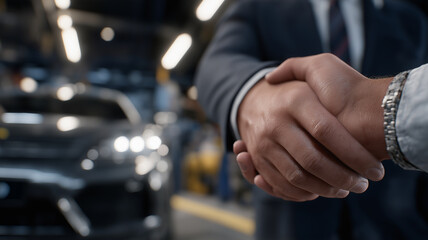 Conceptual illustration of collaboration showing businessman approving mechanic service with thumbs up gesture inside modern garage, highlighting trust, problem solving, teamwork, and auto repair assi