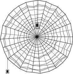 Obraz premium Vector illustration of spider web with two spiders, symmetrical circular design, creepy Halloween decoration element, spooky horror artwork for festive themes