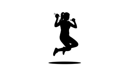 Energetic silhouette woman joyfully jumping with chopsticks, celebrating vibrant lifestyle moments