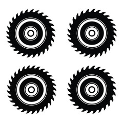Four circular saw blades with jagged edges and concentric circles design silhouette