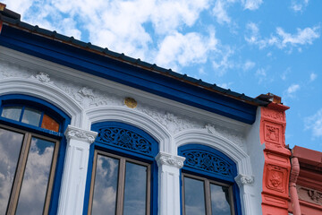 Heritage shophouse facade in George Town, Penang, Malaysia, featuring Straits Eclectic architecture...