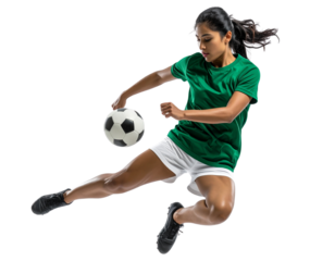  photograph of a soccer player wearing a green t-shirt, white shorts, and black shoes, kicking a ball, isolated against a solid transparent background 