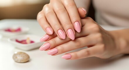 Fototapeta premium Beautiful Woman Hands with Pink Manicure Resting on Table in Spa or Nail Salon Setting