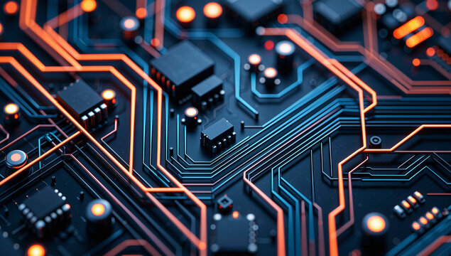 Circuit Board with Orange and Blue Traces
