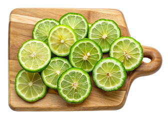 Freshly sliced green citrus fruit rings arranged on a wooden cutting board isolated on transparent background