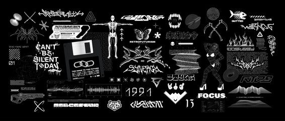 Brutalism graphic box, universal fashion and futurism elements for techwear label, retrofuturistic and brutalism aesthetics. Y2K vibe, acid rave. Cyberpunk 3D elements with lettering and HUD. Vector s