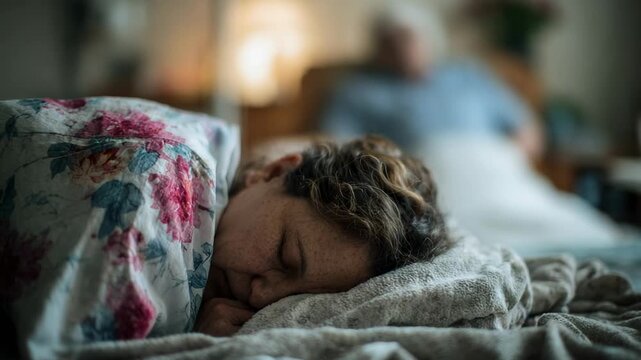 Quiet reflection a woman sleeps next to her bedridden partner in a cozy bedroom setting