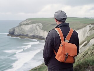 A person with a backpack gazes out at the ocean from atop a grassy cliff on a cloudy day.