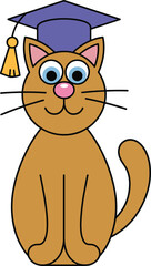 A Cute Cartoon Cat Wearing a Purple Graduation Cap with a Yellow Tassel, Representing Education, Academic Achievement, and a Smart Pet Character Vector.