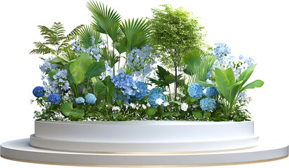 Lush Greenery and Blue Hydrangeas on a White Display Pedestal floral arrangement isolated on a transparent background