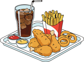 Vector Illustration of Fast Food Combo Tray with Crispy Fried Chicken, French Fries, Onion Rings, Sauces, and Iced Soda