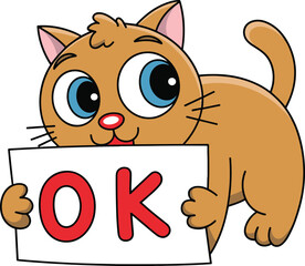 A Cute and Wide-Eyed Cartoon Cat Character with Big Blue Eyes, Holding Up a Sign with the Red 