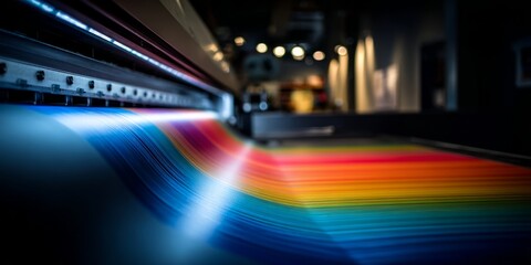 A high-tech printer with colorful ribbons of material flowing through it, representing the future of digital printing technology.