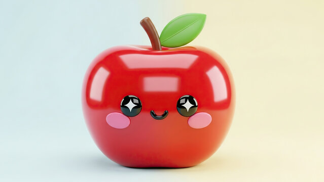Adorable 3D kawaii apple character with sparkling eyes and a cheerful smile - Powered by Adobe