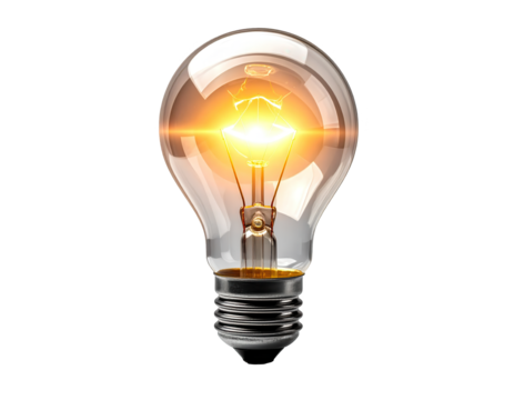 Glowing illuminated light bulb against a dark background showcases the concept of illumination, idea, and creativity, with a clear glass and bright yellow-orange light emanating from the filament,...