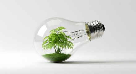A lightbulb containing a miniature tree with green leaves on a white background in a studio shot