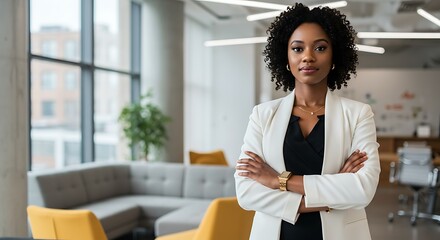 Confident african american businesswoman posing with arms crossed in modern office space setting