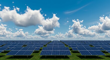 A field of solar panels under a bright blue sky with fluffy white clouds on a sunny day landscape