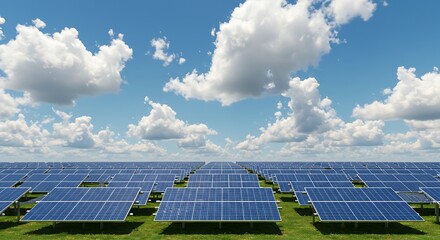 Large solar panel field under a bright blue sky with fluffy white clouds on a sunny day landscape view