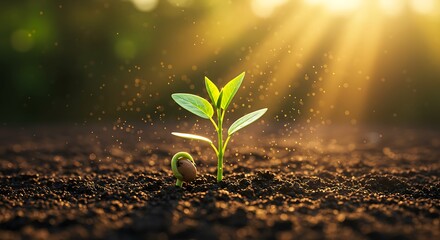 A tiny sprout emerging from the dark soil illuminated by bright sunlight in a blurry background
