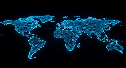 A digital world map outlined in blue with connecting lines on a black background showing continents