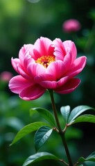 Vibrant peony, delicate petals, traditional Japanese garden setting, nature, tranquil