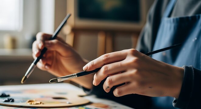 The artist is in the zone, holding two brushes in preparation for painting something amazing