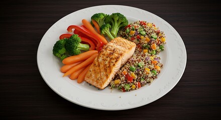 A plate with grilled salmon, quinoa salad, broccoli, carrots, and red bell pepper slices on a white plate