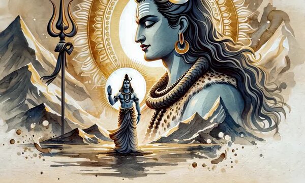 Divine encounter of lord shiva and goddess parvati in majestic mountain setting digital art spiritual atmosphere