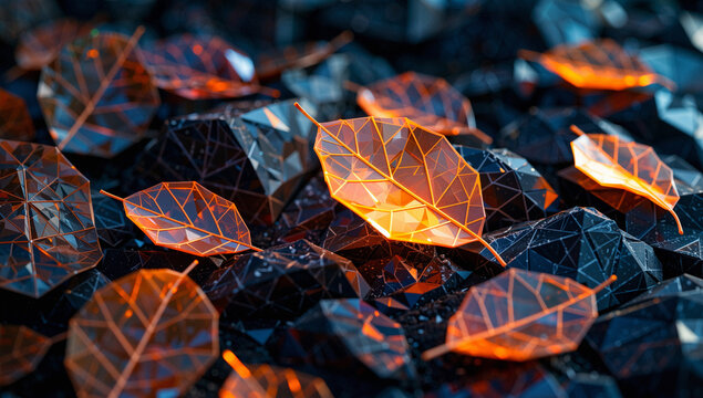 Translucent Orange Leaves on Geometric Shapes - Powered by Adobe