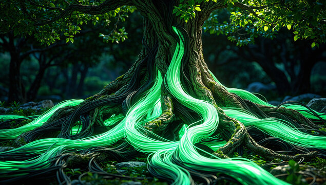 Tree roots with glowing green energy