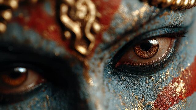 Close-up of Krishna's Face with Blue Skin, Red Markings, Golden Ornament, and Intense Brown Eyes, Hindu Deity Portrait
