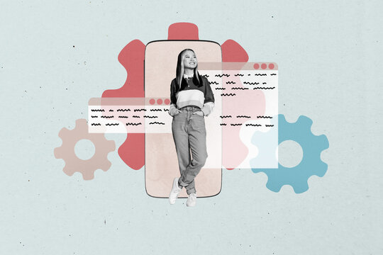 Image trendy art banner collage of happy businesswoman businessman stand phone freelancer browsing gearwheel progress mechanism